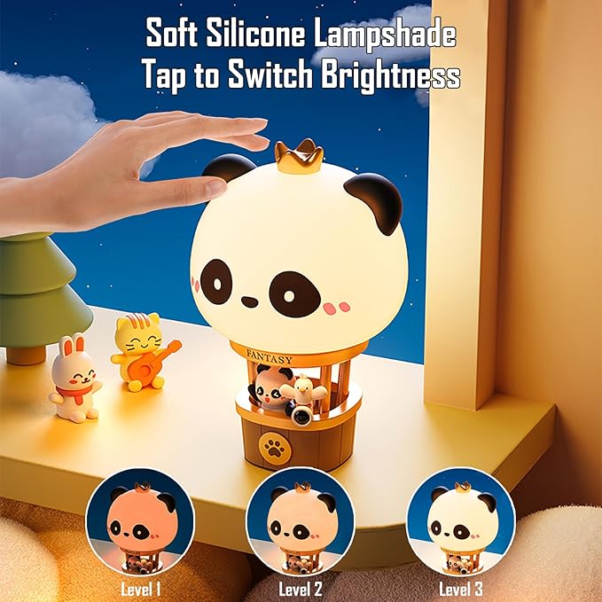 Hot Air Balloon Rechargeable Night Light, Safe Soft Silicone Material, 3 Brightness Levels, Tap Control, Warm Light, Toddler Sleeping Lamp, Bedroom Night Lamp, Gift for Baby and Kid (Panda)