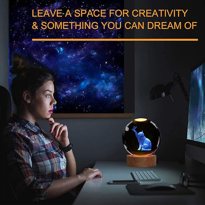 Cat Night Light, Cat Themed Gifts for Girls, K9 3.15 Inch(80mm) Crystal Ball Night Light with 16 Colors Remote Upgraded Lamp for Birthday Xmas Cool Figurines Sympathy Gifts for Room Decor Girls