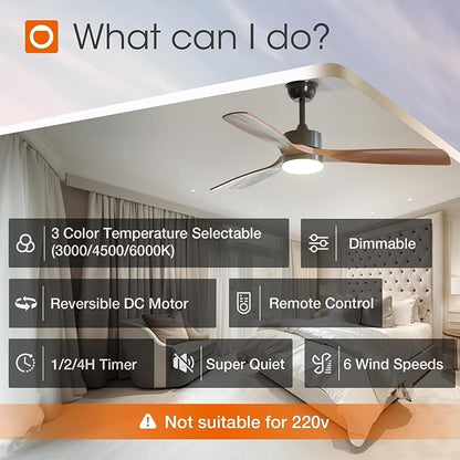 addlon 52 inch Ceiling Fans with Lights and Remote Control, Reversible, 3 Wood Blades, 6 Speeds, 3CCT Dimmable, Noiseless, Indoor/Outdoor Black Walnut Ceiling Fan for Bedroom Living Room Gazebo Patio