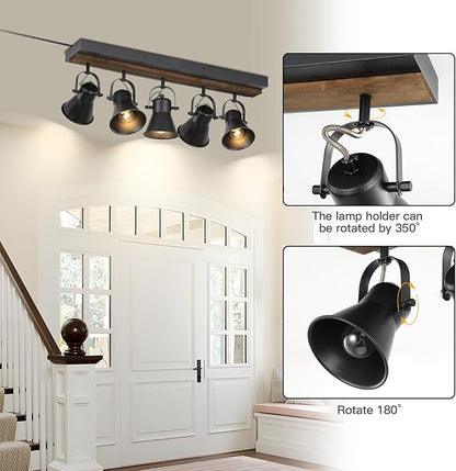 KEESFU 5-Light Plug in Track Lighting Kit,Black Semi Flush Mount Ceiling Light with 5 Rotatable Light Heads,Modern Farmhouse Lighting for Livingroom,Bedroom,Hallway,Art Wall,Bathroom,Kitchen.