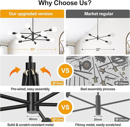MQMQA Sputnik Chandeliers Dining Room Light Fixture (10-Light, 32-Inch), Modern Black Chandelier, Height Adjustable Mid Century Modern Chandeliers for Dining Room Kitchen Island (Bulbs Not Included)