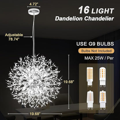 Modern Dandelion Firework Chandelier, Chrome Dining Room Chandelier, Crystal Hanging Pendant Lighting Fixture for Living Room, Bathroom, Bedroom, Restaurant, 16-Light