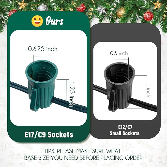 C9 Light Strand 50 FT for E17-12 Spacing, Outdoor String Light Christmas Stringer with 50 Sockets for Patio, Green Wire