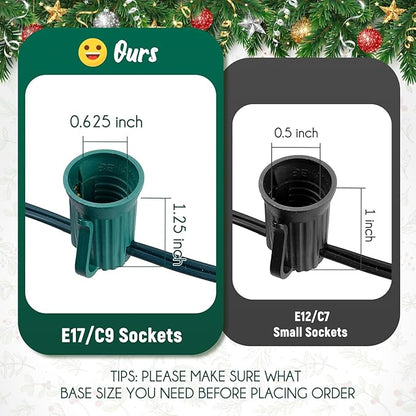 C9 Light Strand 50 FT for E17-12 Spacing, Outdoor String Light Christmas Stringer with 50 Sockets for Patio, Green Wire