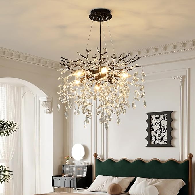 EGM Black Tree Branch Crystal Chandelier, 18 Inch Modern Dining Room Crystal Chandelier 6-Light(E12), Hanging Round Chandeliers for Living Room Bedroom Foyer