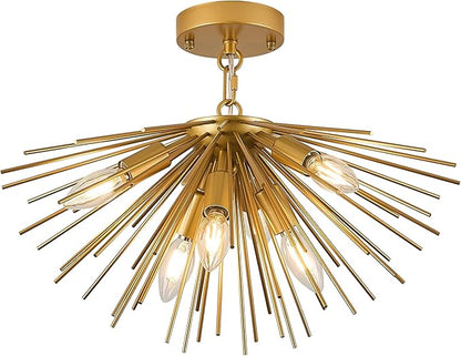 Gold Sputnik Ceiling Light, 6-Light Starburst Chandelier Ceiling Lights Mid Century Modern Satellite Flush Mount Light Solid Metal for Entry Kitchen Sink Dining Room