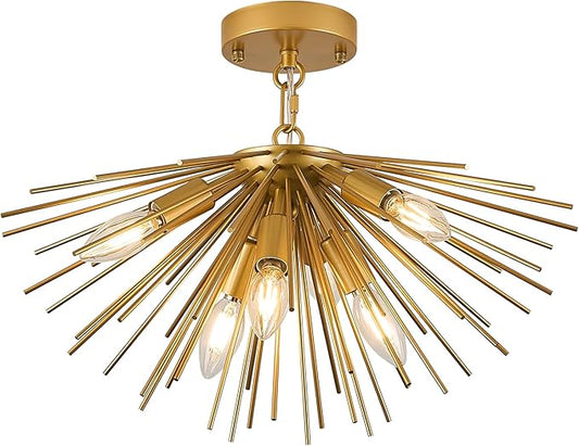 Gold Sputnik Ceiling Light, 6-Light Starburst Chandelier Ceiling Lights Mid Century Modern Satellite Flush Mount Light Solid Metal for Entry Kitchen Sink Dining Room