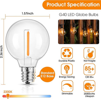 Mlambert G40 LED Replacement Light Bulbs for String Lights, Dimmable E12 Base Shatterproof Bulbs, 1W Equal to 5W, Amber Warm 2200K, 50Pack, Not Solar