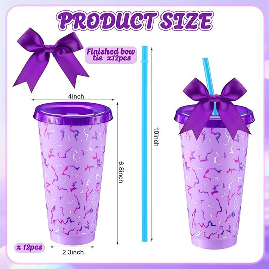 12 Sets Kpop Theme Party Supplies 24 oz Reusable Purple Lightning Crack Print Themed Party Plastic Cups and Purple Bows Bulk Kpop Theme Drinking Cups for Birthday Baby Shower Decoration