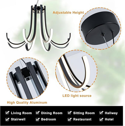 Mayful 8-Light Black Modern Chandelier with Remote Control, Dimmable LED Kitchen Island Light, 3-Color Adjustable Height Pendant for Dining Room Kitchen Office,64 Inch