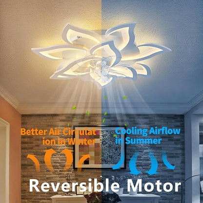 Yfrest Modern Ceiling Fan with Light and Remote, Low Profile Ceiling Fans with Lights, 32 Inch Flush Mount Ceiling Fan with 3 Light Color 6 Speeds, Fandelier Ceiling Fan for Living Room, Dining Room