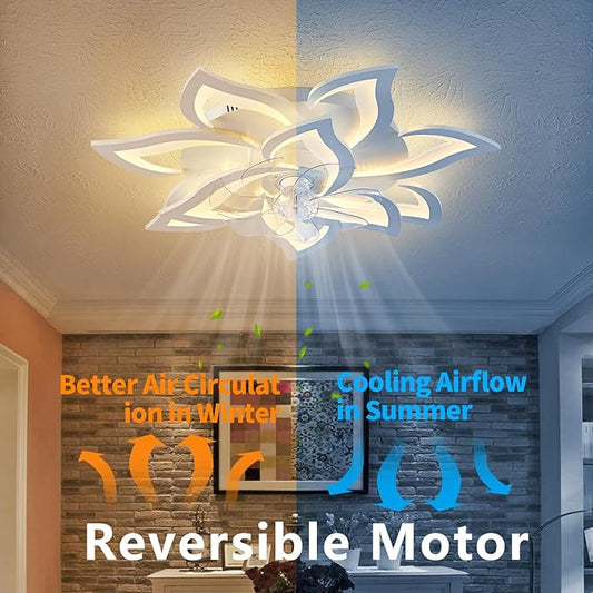 Yfrest Modern Ceiling Fan with Light and Remote, Low Profile Ceiling Fans with Lights, 32 Inch Flush Mount Ceiling Fan with 3 Light Color 6 Speeds, Fandelier Ceiling Fan for Living Room, Dining Room