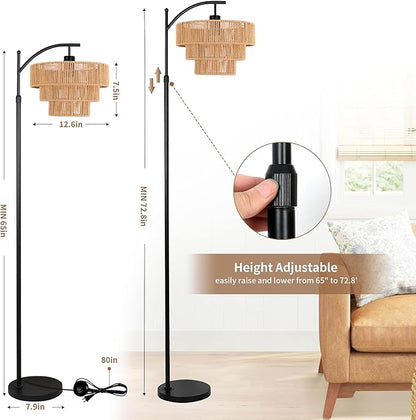Boho Floor Lamp for Living Room Bedroom with Remote,Arc Farmhouse Floor Lamps with 3 Color Temperature,Rustic Standing Lamp with 3-Tier Rattan Wicker Shades,Adjustable Tall Lamp for Office,Corner