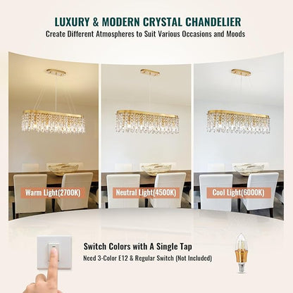 Siljoy Rectangular Gold Crystal Chandelier for Dining Room, 10-Light Modern Oval K9 Crystal Raindrop Chandelier Luxury Crystal Island Light for Living Room Kitchen Bar L40'' x W11'' x H10.6''