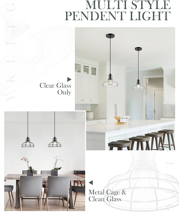 Industrial Pendant Lights Kitchen Island Black 8.7", Hanging Light Fixtures with Clear Glass and Metal Cage, Farmhouse Kitchen Pendant Light for Dining Room, Bedroom, Living Room