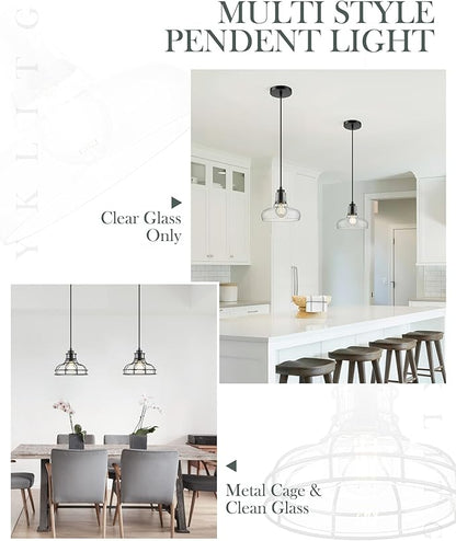 Industrial Pendant Lights Kitchen Island Black 8.7", Hanging Light Fixtures with Clear Glass and Metal Cage, Farmhouse Kitchen Pendant Light for Dining Room, Bedroom, Living Room