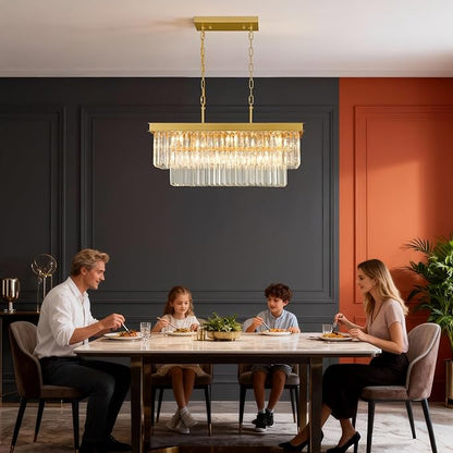 Weesalife Crystal Chandeliers for Dining Room Light Fixtures Over Table，9-Lights Gold Modern Rectangle Chandeliers for Kitchen Island Bar L28 Inch