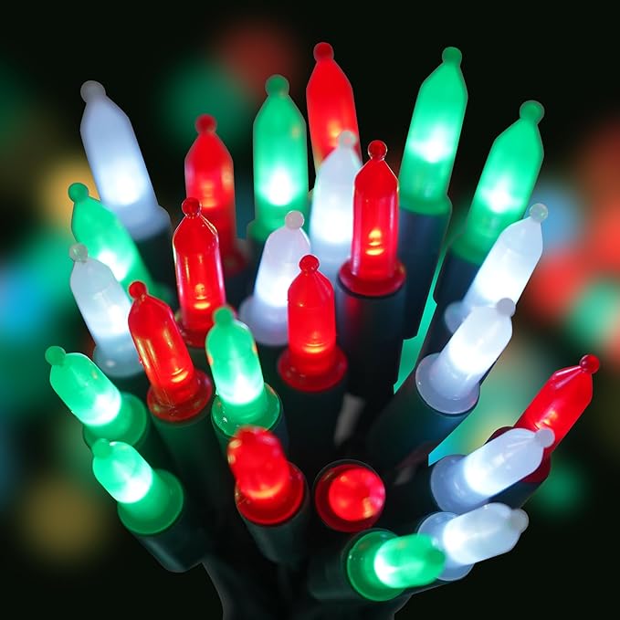 RECESKY 2 Pack Christmas String Lights with Built-in Timer - Total 100 LED 36ft Fairy Battery String Lights - Mini Lighting for Indoor Decor Wreath Lawn Bedroom Christmas Decorations - Red White Green