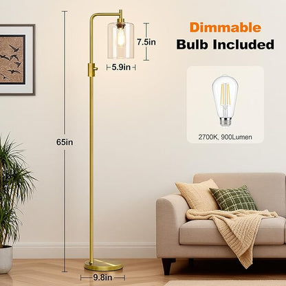 【Upgraded】Dimmable Floor Lamp for Living Room with Clear Glass Lampshade, Brass Modern Floor Lamp with 900LM Edison Bulb Included, Bright Standing Tall Lamp for Bedroom, Office, Reading Room, Corner