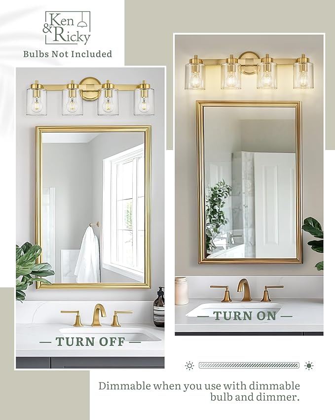 Ken & Ricky 4 Light Brushed Gold Bathroom Vanity Lights Fixtures Over Mirror, Modern Bathroom Wall Sconce Lighting Fixtures 24.6 inch with Clear Glass Shades for Living Room Bedroom Entryway