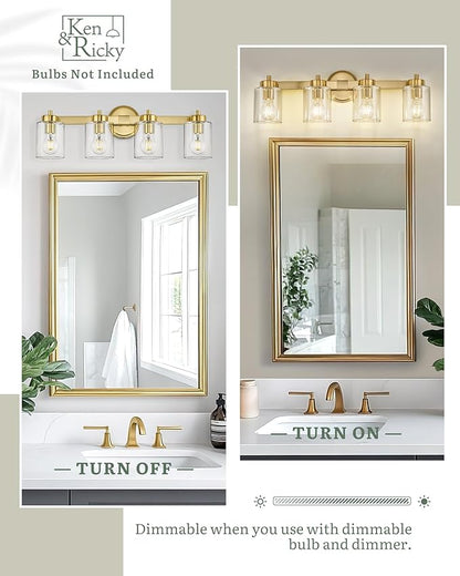 Ken & Ricky 4 Light Brushed Gold Bathroom Vanity Lights Fixtures Over Mirror, Modern Bathroom Wall Sconce Lighting Fixtures 24.6 inch with Clear Glass Shades for Living Room Bedroom Entryway