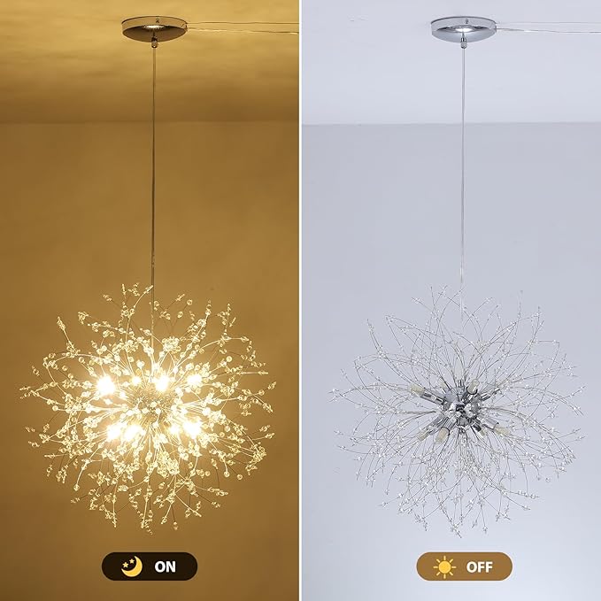 Plug in Crystal Chandelier, Modern Plug in Pendant Light Hanging Light Fixture 2-in-1 Chrome Pendant Light Dandelion Chandeliers for Dining Room Bedroom Kitchen Foyer Entryway Living Room