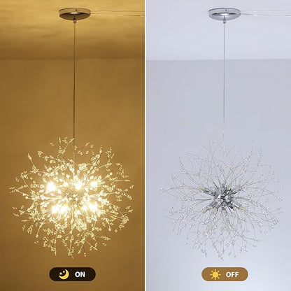 Plug in Crystal Chandelier, Modern Plug in Pendant Light Hanging Light Fixture 2-in-1 Chrome Pendant Light Dandelion Chandeliers for Dining Room Bedroom Kitchen Foyer Entryway Living Room
