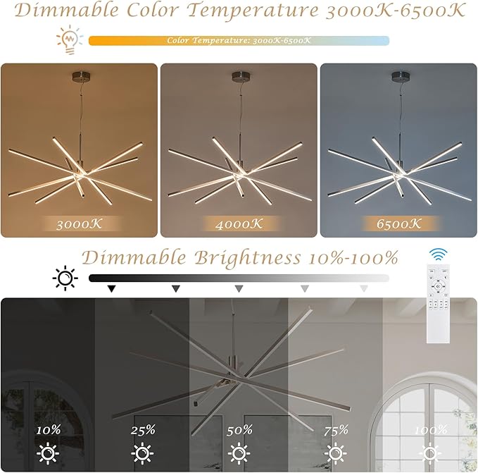 Big Sputnik Chandelier 48” Nickel High Ceiling Chandeliers Big Modern Remote Control Chandelier for Large Living Room Dining Room Foyer