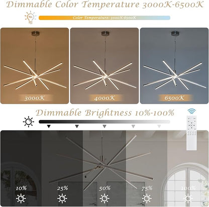Big Sputnik Chandelier 48” Nickel High Ceiling Chandeliers Big Modern Remote Control Chandelier for Large Living Room Dining Room Foyer