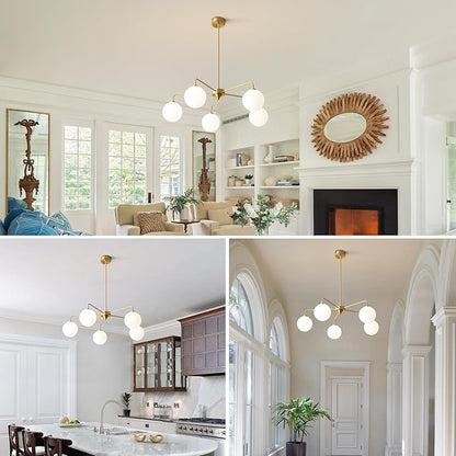 5 Light Modern Brass Chandelier Mid Century Gold Ceiling Light Fixture White Glass Globe Sputnik Chandelier for Dining Room Bedroom Kitchen