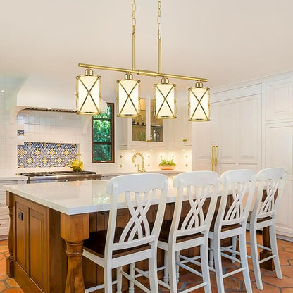 4-Light Kitchen Island Lighting, Brushed Gold Linear Dining Room Light Fixtures with Milk Glass, Modern Industrial Chandelier Pendant Light for Kitchen Island Dining Room, CH9176BGW-4IS