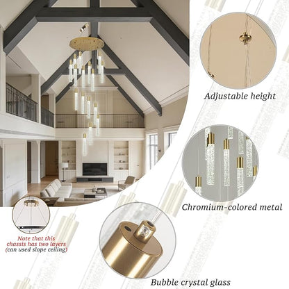 16 Lights Modern High Ceiling Crystal Chandelier, Gold Bubble Light Adjustable Height LED Chandeliers Ceiling Pendant Light Fixture for Living Room, Entryway, Staircase