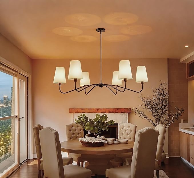 47'' Oversized Modern Chandelier with Shades, Farmhouse Chandelier, 6-Light Large Black Chandelier for Living Room, Adjustable Traditional Chandeliers for Foyer Kitchen E12 Base