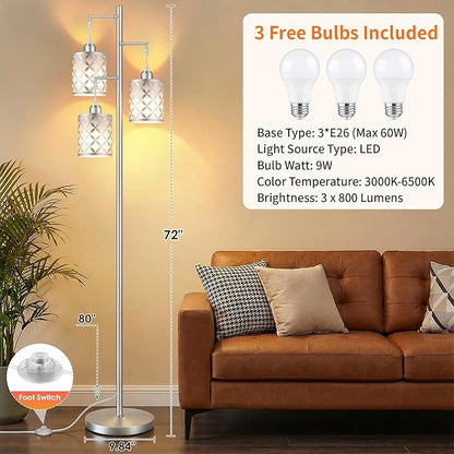 Dimmable Floor Lamp, Farmhouse Standing Lamp with Elegant Metal Cage, Industrial Tall Tree Floor Lamps for Living Room, Bedroom, Study Room, Office, 3 x 800LM LED Bulbs Included, 72",Silver