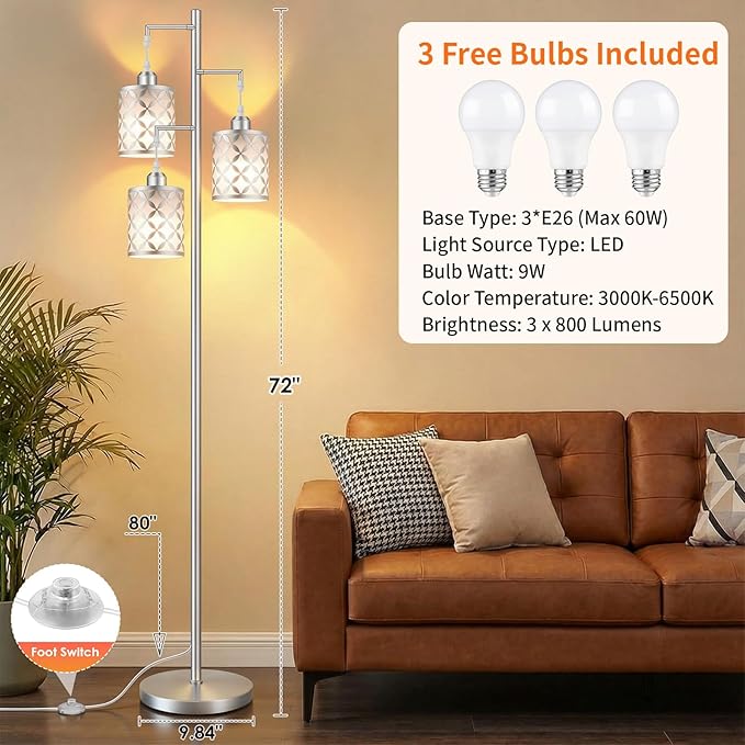 New Upgraded 72" Tall Dimmable Floor Lamp with Remote Control &White PC Shades, Farmhouse Standing Lamp with Bulbs, Industrial Tree Pole Floor Lamps for Living Room, Bedroom, Study Room, Office-Silver