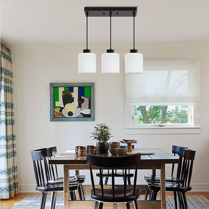 3-Light Pendant Light Fixtures with Milky White Glass, Black Hanging Light Fixture for Ceiling, Adjustable Kitchen Island Light for Dinning Room, Bedroom,Hallway, E26 Base, Bulbs Not Included