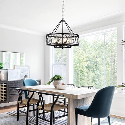 6-Lights Black Chandelier for Dining Room Light Fixture 22.5" Modern Farmhouse Chandeliers Ceiling Light Industrial Drum Hanging Pendant Lights for Kitchen Island Living Room Entryway Bedroom
