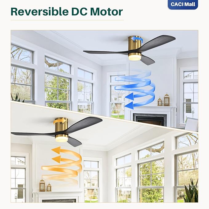 CACI Mall Smart 52 inch Wood Flush Mount Ceiling Fans with Lights and Remote, 3 Blades, Low Profile, Modern, Compatible with Alexa/Google/App, Outdoor Indoor Ceiling Fans for Bedroom/Farmhouse/Patio