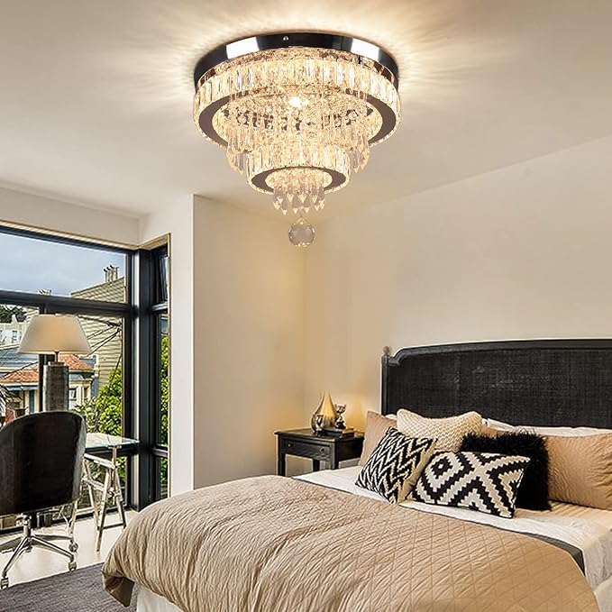 Crystal Chandeliers Modern Crystal Chandelier Flush Mount Ceiling Light Fixture with Remote Control for Bedroom Dining Room Living Room (16 inch Dimmable)