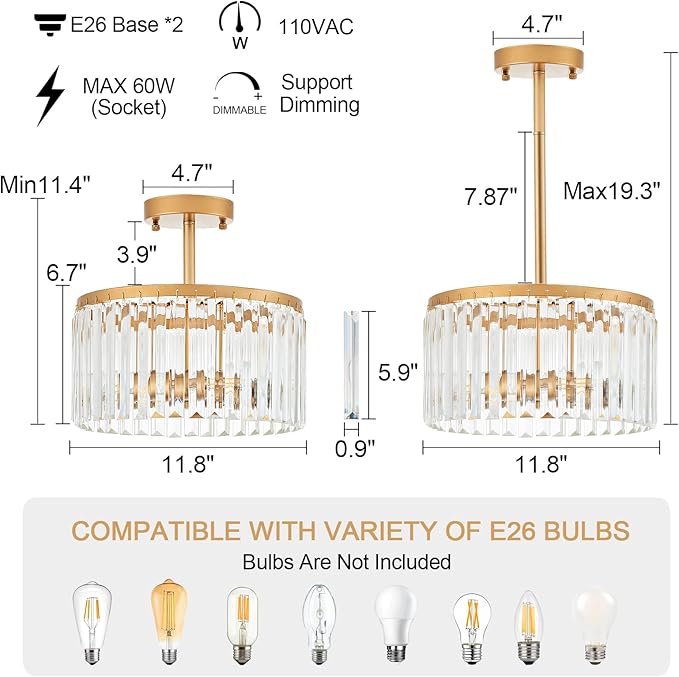 12" Gold Semi Flush Mount Crystal Ceiling Light Fixtures for Kitchen Modern Industrial 2-Light Small Chandeliers Lighting for Bedroom Entryway Hallway Living Dining Room Foyer