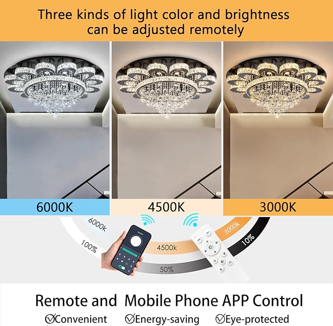 HAIXIANG Modern Chandelier Living Room Light Glam Chandeliers Ceiling Light Fixture Remote Dimmable Lights 40 Inches Luxury Crystal Black Dining Room Lights