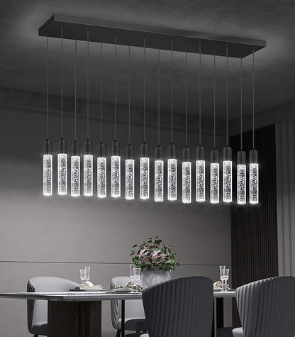 16-Lights Modern Crystal Rectangular Chandeliers LED Pendant Light for Kitchen Island High Ceiling Chandelier for Dining Room Entrance Foyer Living Room Black