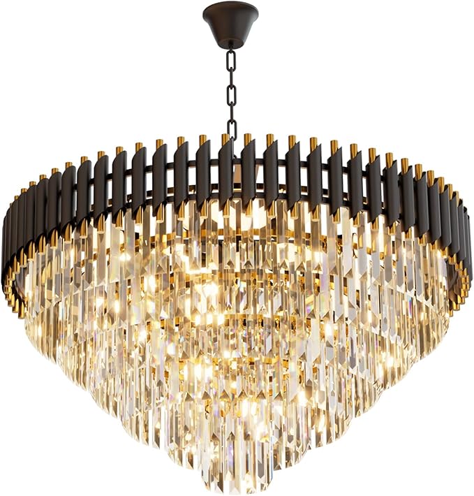 32 inch Black Gold Crystal Chandelier 6-Tier Modern Luxury Pendant Light Fixture for High Ceiling 13-Light Large K9 Crystal Lighting for Foyer Living Room Dining Room