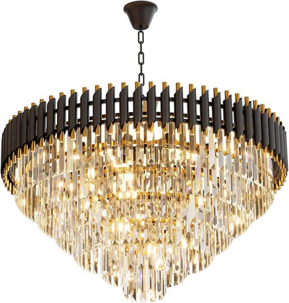 32 inch Black Gold Crystal Chandelier 6-Tier Modern Luxury Pendant Light Fixture for High Ceiling 13-Light Large K9 Crystal Lighting for Foyer Living Room Dining Room