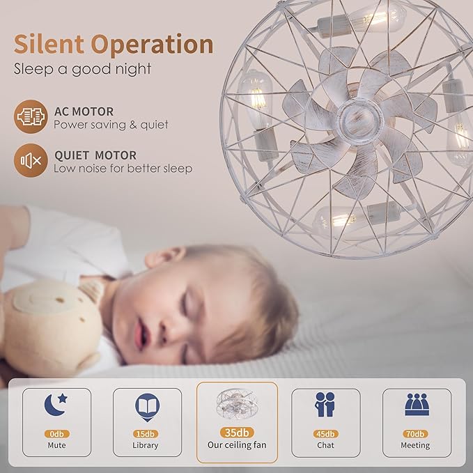 Flush Mount White Caged Ceiling Fan with Light, 20" Small Bladeless Ceiling Fan and Remote, Rustic Low Profile Ceiling Fans 4-Speed Reversible Enclosed Ceiling Fans for Bedroom Kitchen Farmhouse