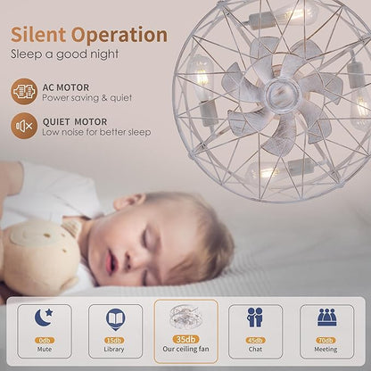 Flush Mount White Caged Ceiling Fan with Light, 20" Small Bladeless Ceiling Fan and Remote, Rustic Low Profile Ceiling Fans 4-Speed Reversible Enclosed Ceiling Fans for Bedroom Kitchen Farmhouse
