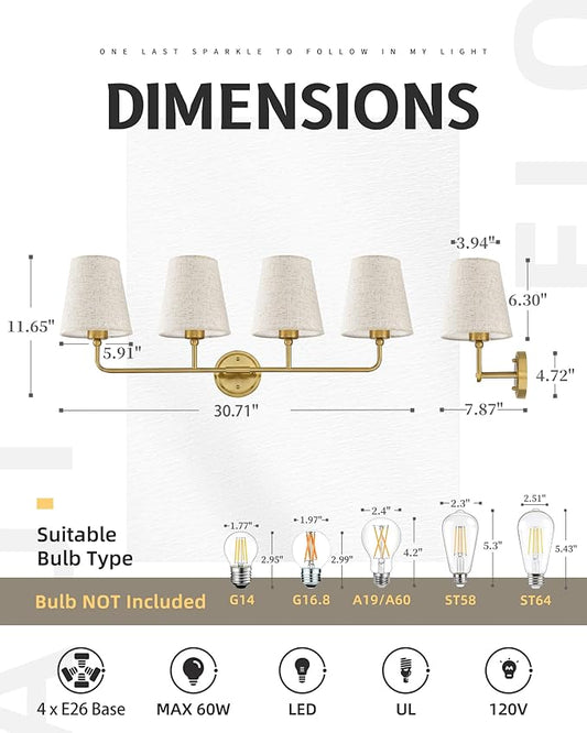 AUTELO Gold Vanity Light, 4 Light Bathroom Vanity Light with Fabric Linen Shade, Lighting Fixtures Over Mirror, Vanity Light Fixture for Bathroom Dressing Room, W2664-4 BG