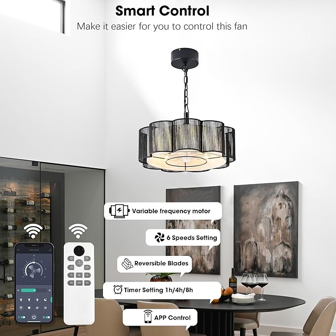 20" Rattan Ceiling Fan, 4-Lights Caged Fandelier Ceiling Fan with Remote and App Control, Drum Lampshade, Boho Chandelier with Fan for Dining Room, Bedroom, Kitchen (Black Farmhouse)