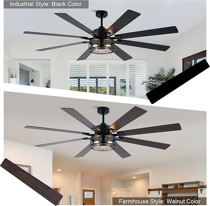 72 Inch Farmhouse Ceiling Fan with Lights and Remote Large Rustic Ceiling Fan Industrial Black Caged Fandelier Chandelier Light, Reversible Quiet DC Motor 6 Speeds for Indoor Outdoor