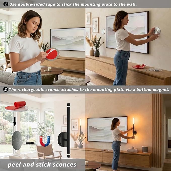 Battery Operated wall Sconce Set of Two Peel and Stick Cordless Wireless Rechargeable wall Lights Black Modern Decor with Remote Control for hallways Living Room Bedroom Bedside